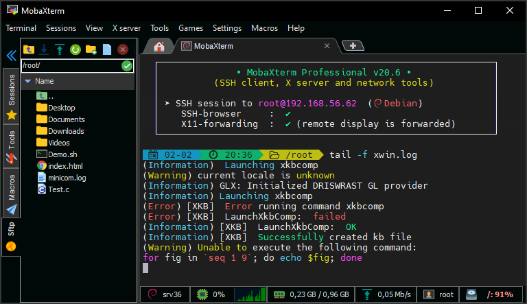MobaXterm dark mode terminal with SSH browser