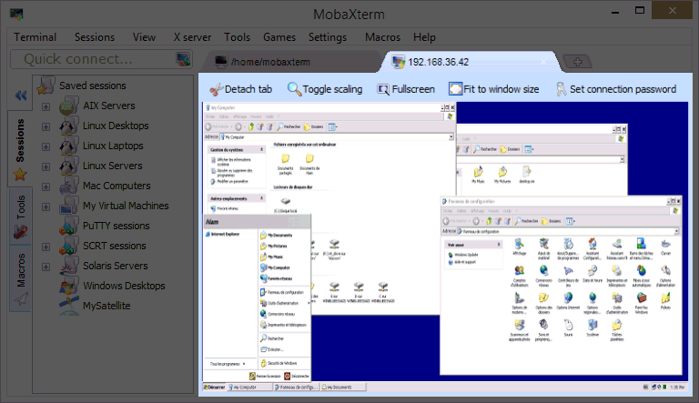 MobaXterm RDP tab showing a remote Windows desktop